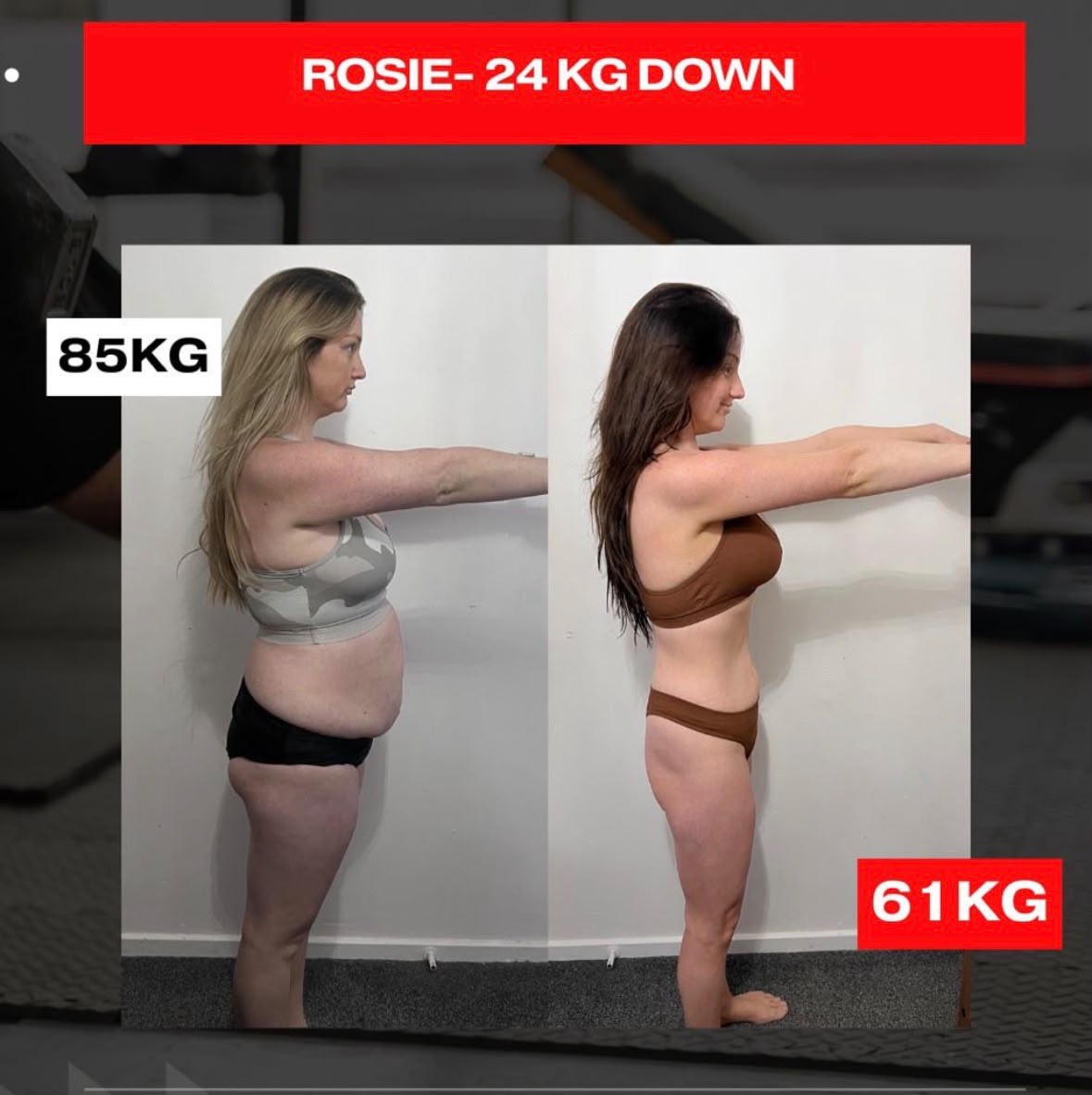 Rosie, 24 kg down: 85 kg before, 61 kg after