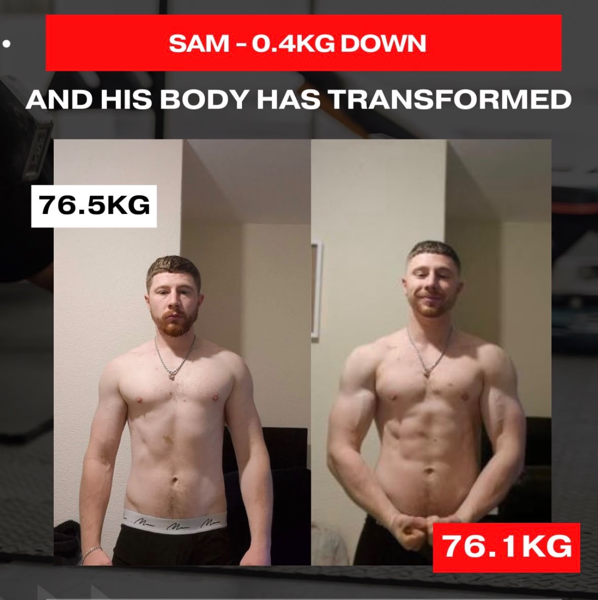 Sam, 0.4 kg down and his body has transformed: 76.5 kg before, 76.1 kg after
